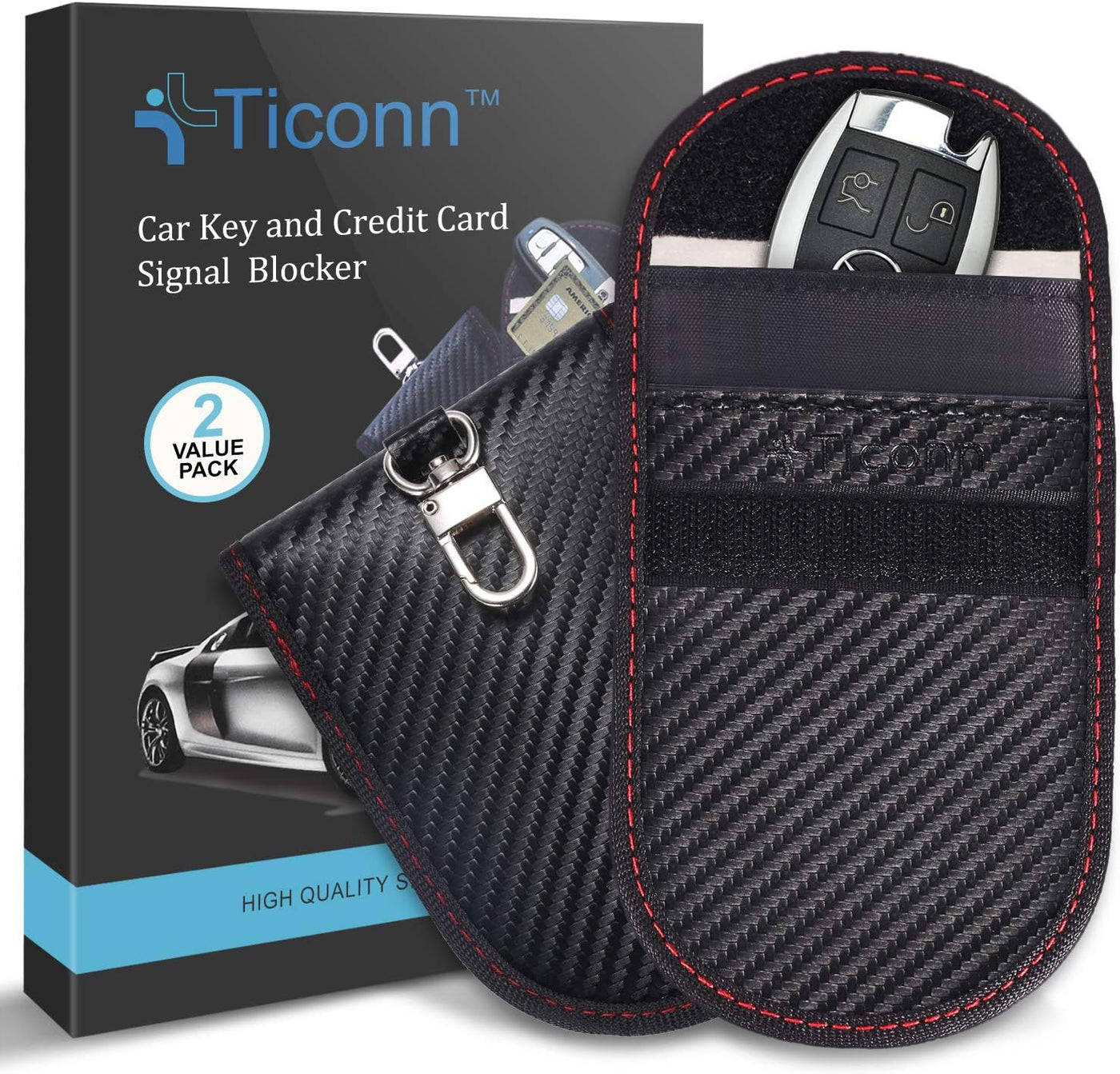 2PK Faraday Bag for Key Fob, 3.5''X5.0'' Faraday Cage Protector, Car RFID Signal Blocking, Anti-Theft Pouch Anti-Hacking Case Blocker (Carbon Fiber)